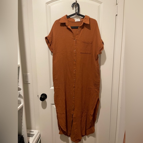 Camel Button Down Maternity Midi Dress - Picture 4 of 8